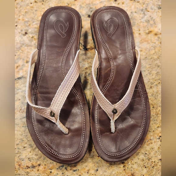 OluKai Shoes - OluKai Ola Leather Thong Wedge Sandal Comfort Cruise Beach Tan Neutral Ladies 8